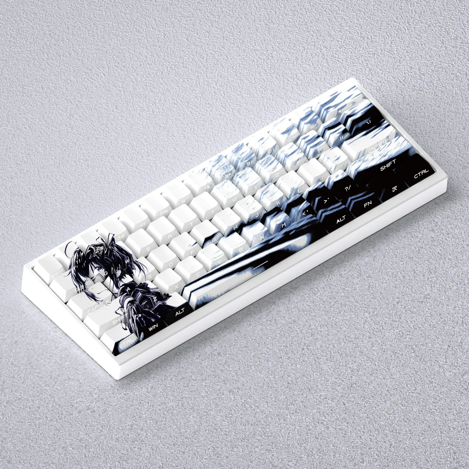 Exclusive Takanashi Rikka keycaps set showcased from multiple angles, highlighting vibrant anime character art and shine-through Cherry custom design.