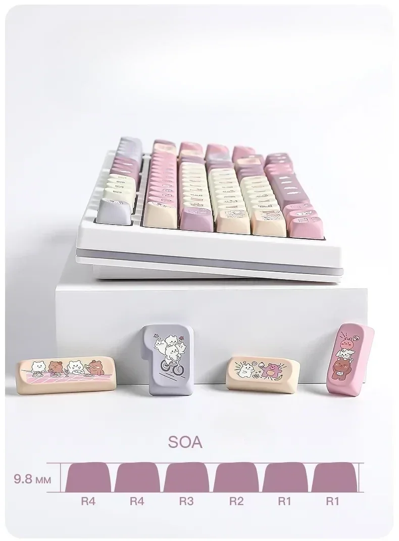 Explore the delightful Taro Mochi Keycaps Set, showcasing double-shot SOA profile keycaps in soft pastel purples and creams from various playful design.