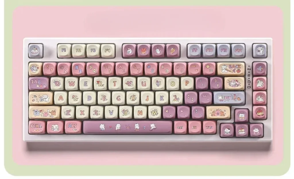 Delightful Taro Mochi Keycaps set in unique double-shot SOA profile, showcasing soft pastel purples and creams for sweet dessert vibes.