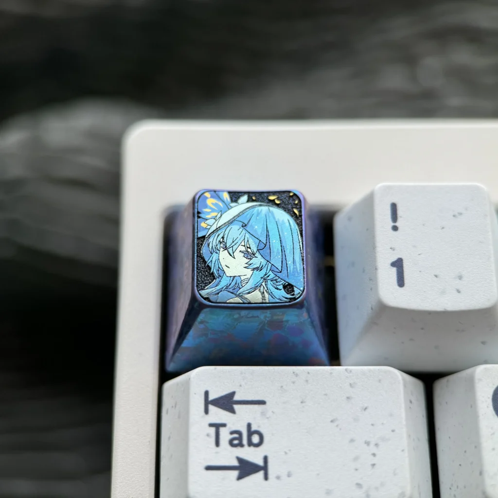 Shore Guardian Titanium Anime Keycap, a premium artisan ESC key for mechanical keyboards, featuring an intricate, vibrant colored titanium alloy.