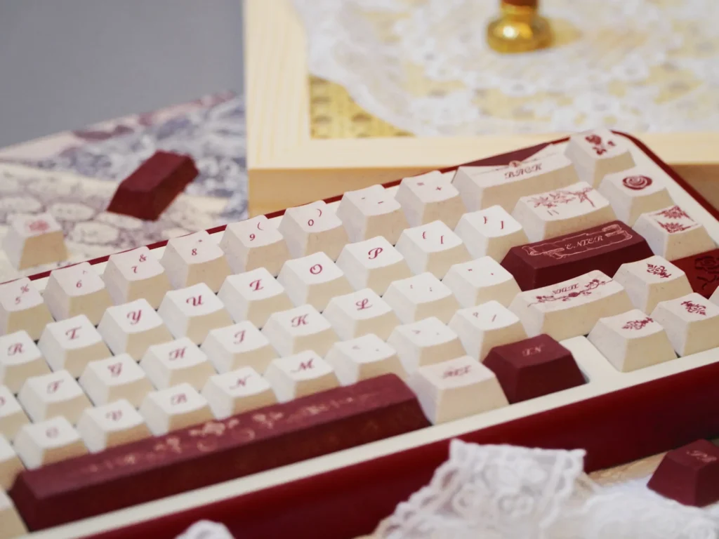 Complete Timeless Elegance PBT Keycap Set. Durable 131-key OEM profile keycaps with Chinese calligraphy motifs in a serene color palette.