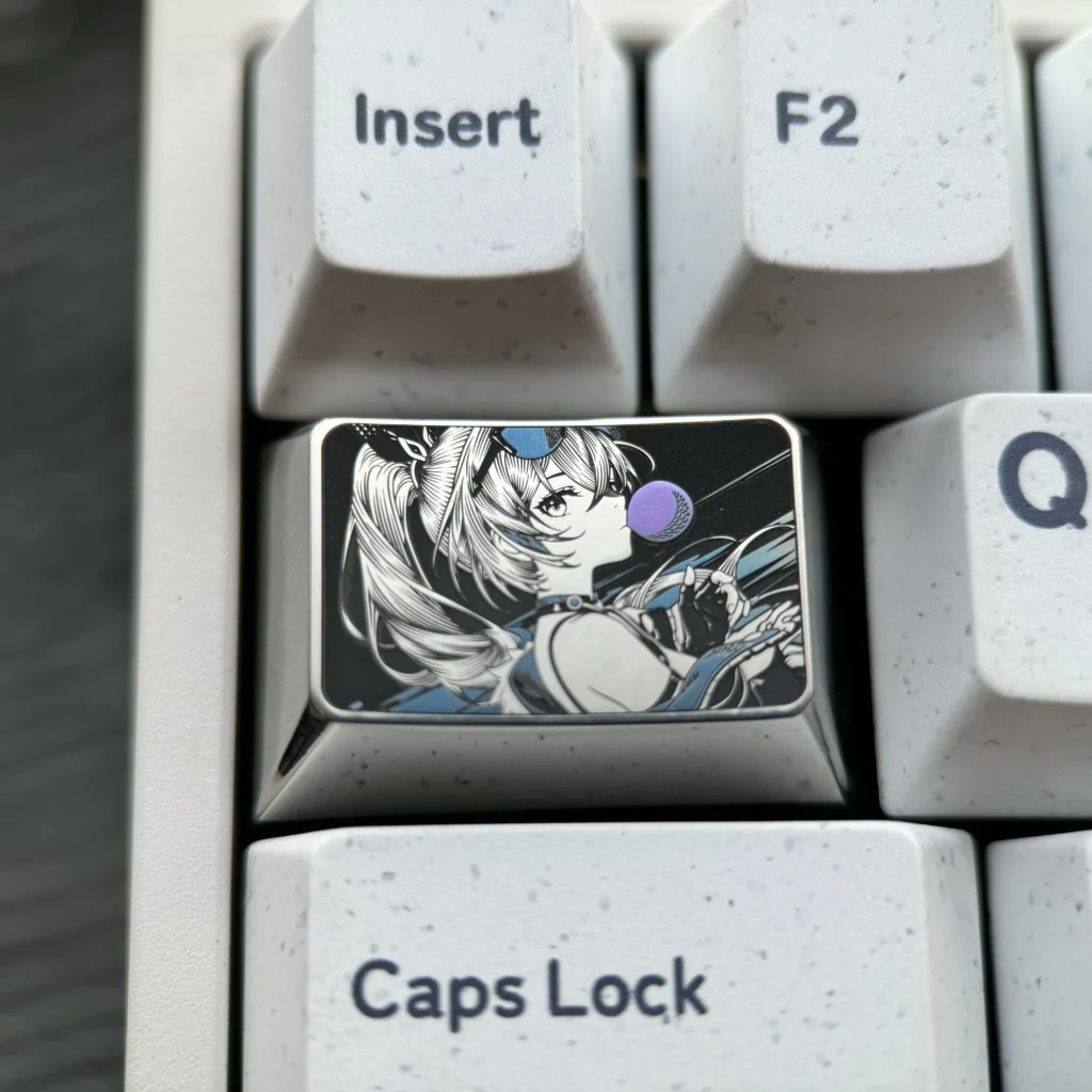 Multiple angles of the Silver Wolf precision-engraved titanium anime keycap, showcasing its intricate metallic art and artisan craftsmanship for your keyboard.