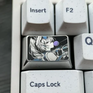 Multiple angles of the Silver Wolf precision-engraved titanium anime keycap, showcasing its intricate metallic art and artisan craftsmanship for your keyboard.