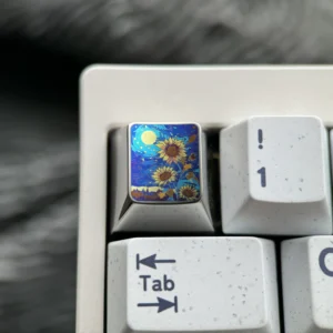 Vibrant handcrafted titanium sunflower ESC keycap for mechanical keyboards, featuring lustrous anime-inspired artisan detail.