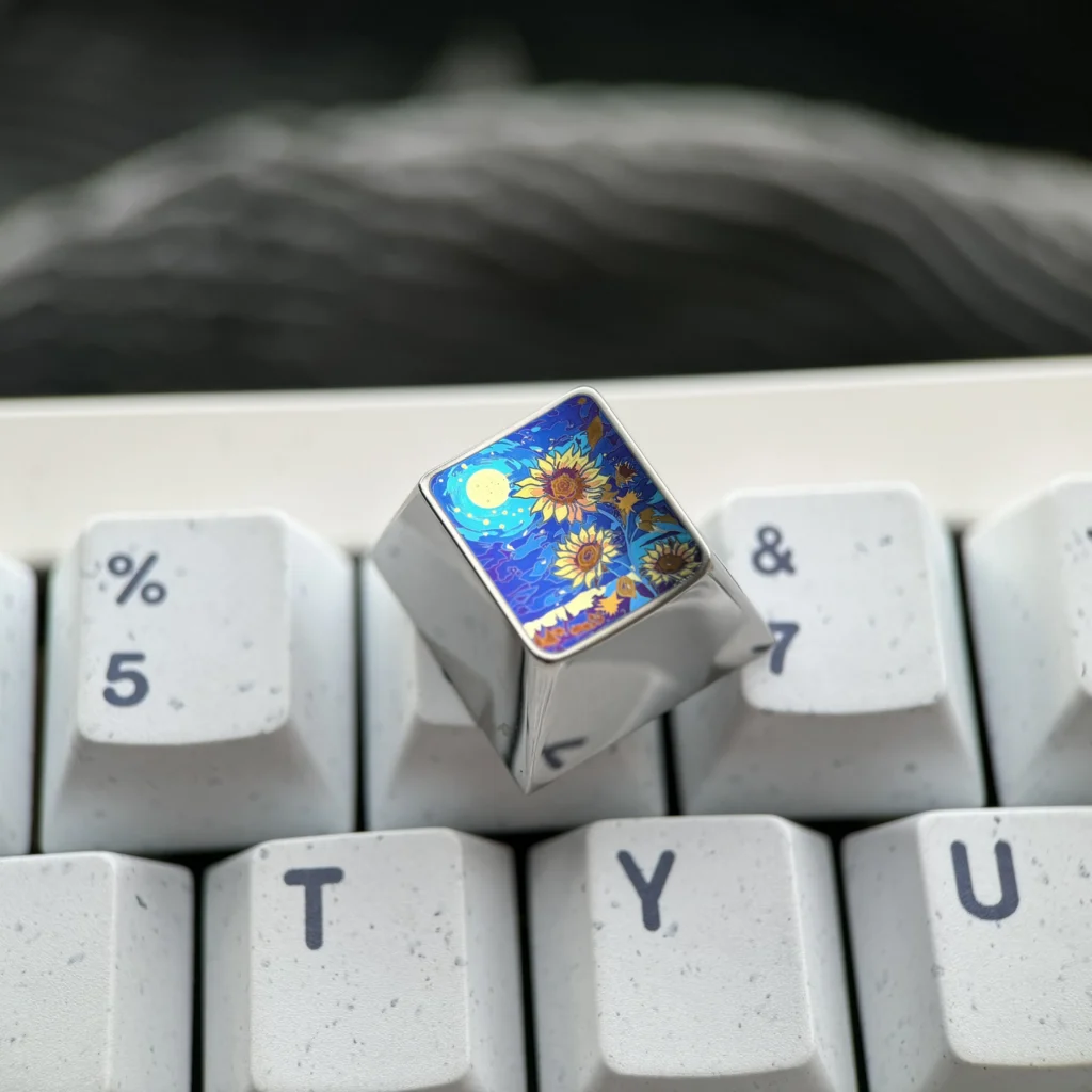 Multiple views of the handcrafted titanium sunflower ESC keycap, an anime artisan accent. Highlights vibrant details and lustrous titanium finish.