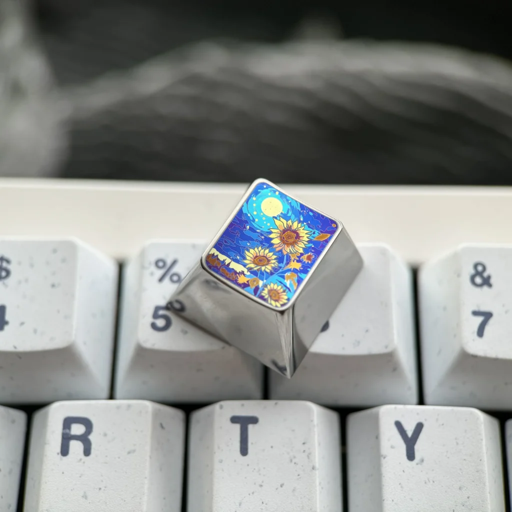 Gallery of the handcrafted titanium sunflower ESC keycap, showcasing its vibrant anime-inspired design and lustrous artisan craftsmanship.