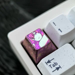 Premium titanium keycap displaying an enchanting Sakura Akino design. Mystical purple-red cherry blossoms for an anime-inspired desktop.