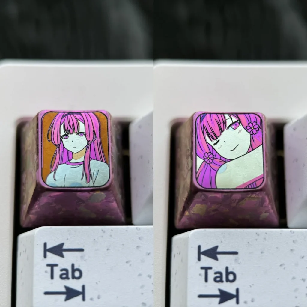 Premium titanium keycap displaying an enchanting anime design. Mystical ice crystal design for an anime-inspired desktop.