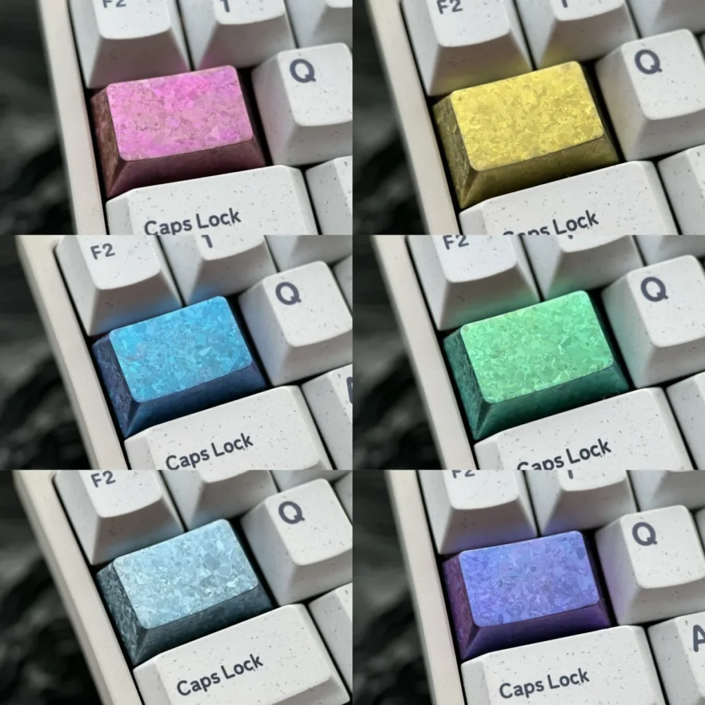 Ice Crystal Titanium Keycap, a premium 1.5U Tab custom mechanical keycap made from shimmering titanium alloy with jewel-like facets.