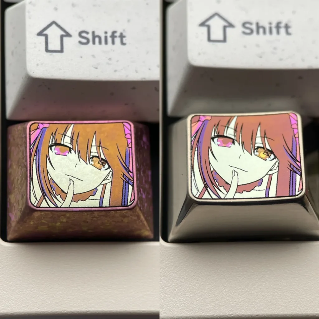 Tokisaki Kurumi Keycap, a premium titanium artisan keycap featuring the vibrant character and intricate ice crystal side design.