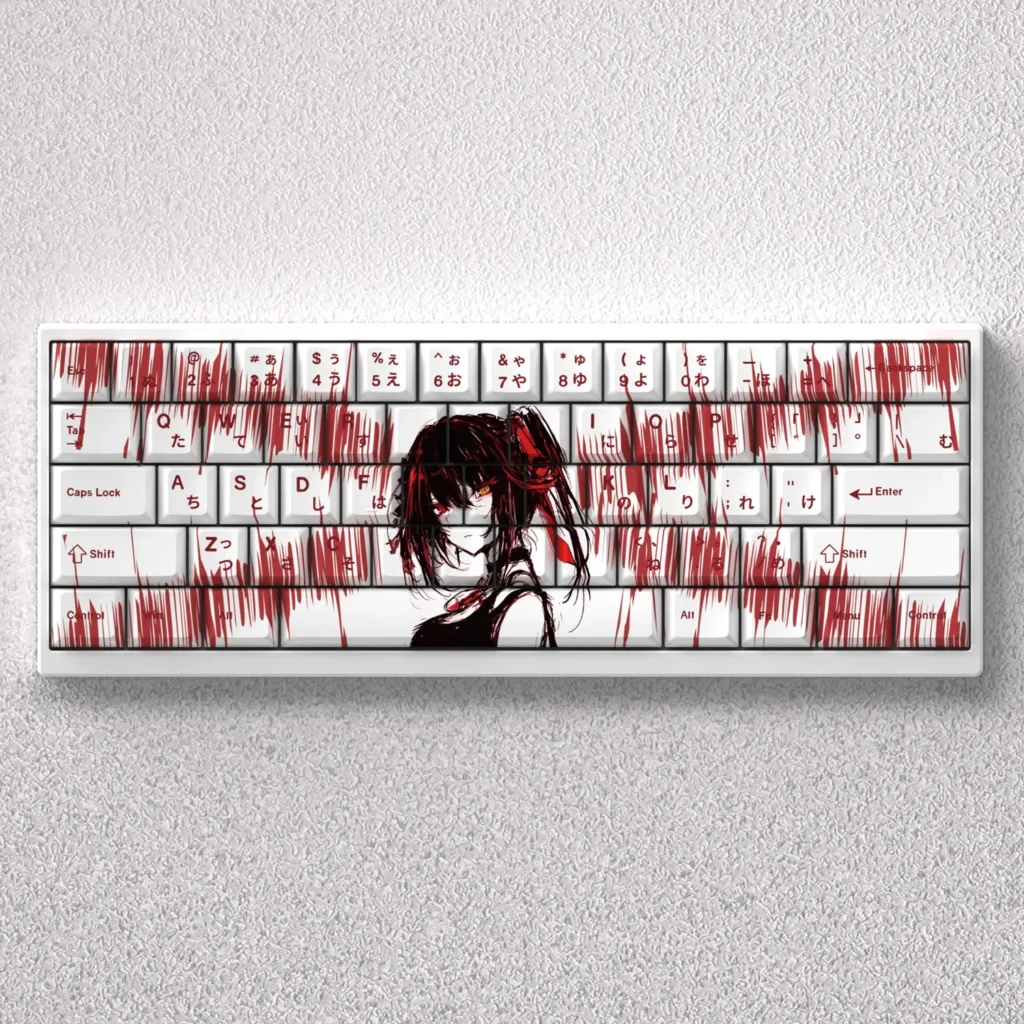 Exclusive Tokisaki Kurumi keycaps set: dark elegance anime design with striking red and black PBT for a unique keyboard aesthetic.