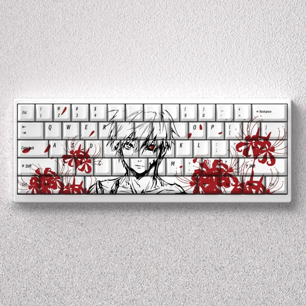 Dark, edgy Tokyo Ghoul Ken Kaneki PBT artisan keycap set featuring the iconic protagonists detailed portrait. A premium, artistic keyboard accessory.