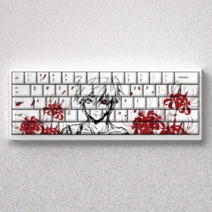 Dark, edgy Tokyo Ghoul Ken Kaneki PBT artisan keycap set featuring the iconic protagonists detailed portrait. A premium, artistic keyboard accessory.