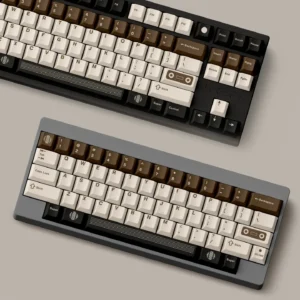 C1 Vintage Cassette Keycaps set for custom keyboards, featuring warm coffee brown premium PBT dye-sub keycaps with a retro audio cassette design.