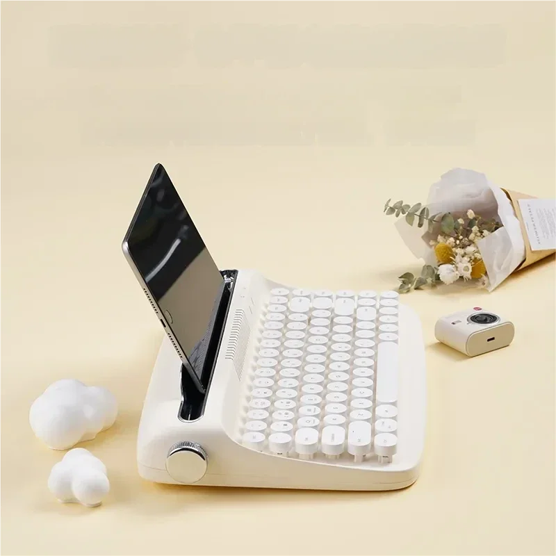 Playful Vintage Typewriter Series Keyboard, showcasing its vintage typewriter charm, round keycaps, and multi-device Bluetooth fun.