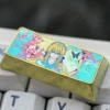 A gallery of handcrafted Violet Evergarden titanium alloy keycaps, meticulously shown from various angles to reveal vibrant anime motifs.