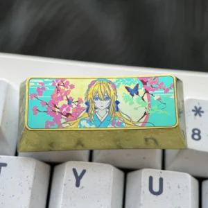 Handcrafted titanium alloy Violet Evergarden Enter keycap, showcasing exquisite anime art with vibrant metallic elegance and ethereal beauty.