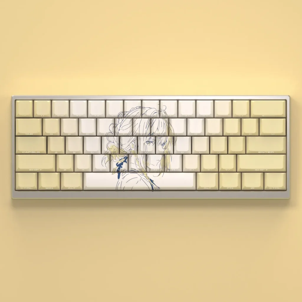 Elegant Violet Evergarden Keycaps Set for mechanical keyboards, showcasing exclusive side-lit translucent legends and a serene, artistic color palette.