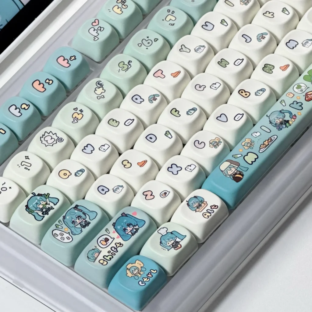 Exclusive Hatsune Miku mechanical keycaps set featuring vibrant character art and musical motifs. These playful Miku keycaps bring unique anime