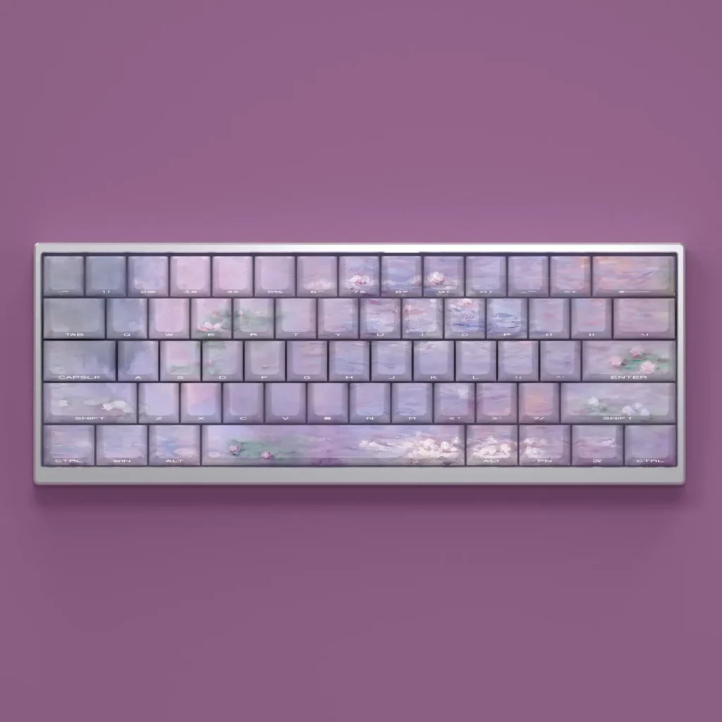 Water Lily Keycaps Set showcasing exquisite water lily art on side-lit Cherry profile keys, creating a tranquil, backlit glow for mechanical keyboards.