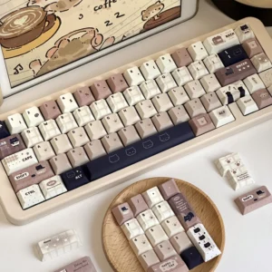 Adorable whimsical cat keycaps set for mechanical keyboards, featuring playful pastel feline designs for charming personalization and a unique desk