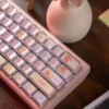 Adorable Whimsical Rabbit Tea Party keycap set, featuring pastel pink bunnies and delicate teacup designs for custom mechanical keyboards.