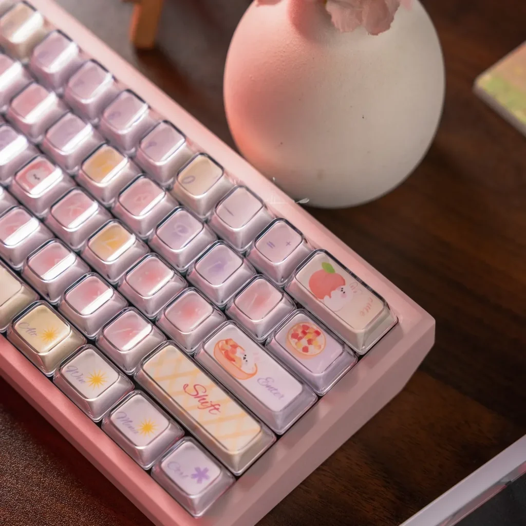 Adorable Whimsical Rabbit Tea Party keycap set, featuring pastel pink bunnies and delicate teacup designs for custom mechanical keyboards.
