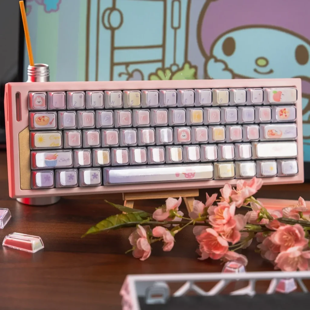 Adorable pastel pink rabbit keycaps set showcasing a whimsical tea party scene, perfect for custom mechanical keyboards.