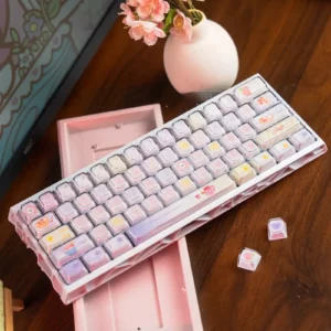 Adorable pastel pink Rabbit Tea Party Keycaps Set showcasing whimsical bunnies and teacups. This custom mechanical keycap set brings a charming, playful setup.