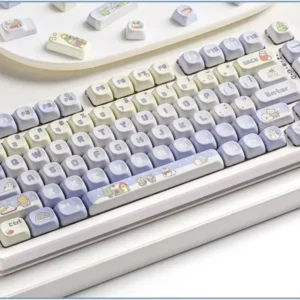 Artistic gallery of the distinct winter-themed PBT dye-sub MOA keycap set, showcasing serene snow-inspired winter keycaps from various cozy angles.