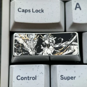 Close-up of a precision-engraved titanium keycap, showcasing intricate vibrant designs and lustrous finish, elevating keyboard artistry.