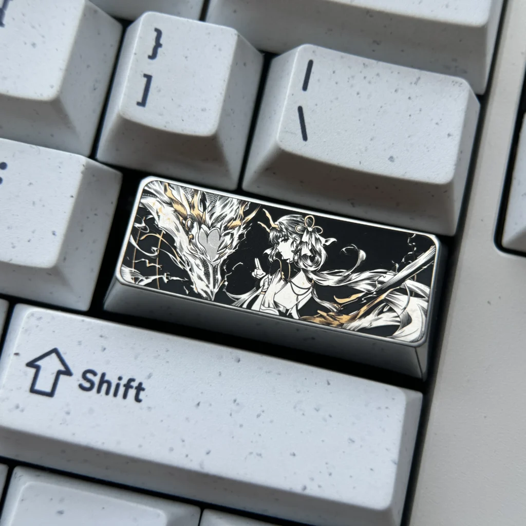 A premium precision-engraved titanium keycap, vividly displaying intricate artwork. Elevate keyboard artistry with this unique piece.