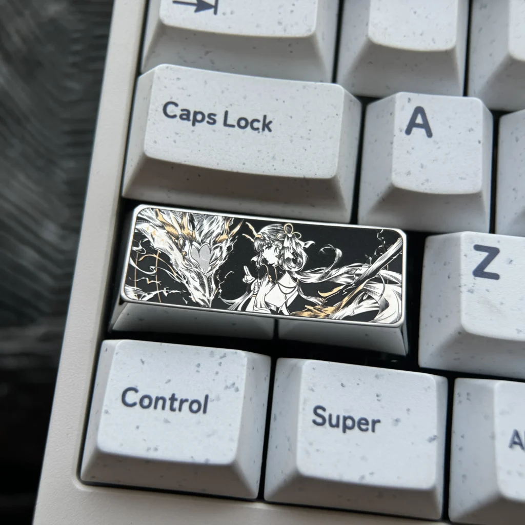 Lustrous precision-engraved titanium keycap, showcasing intricate, vibrant artwork that elevates keyboard artistry.