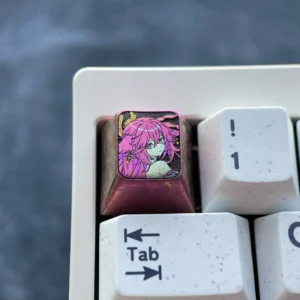 Exquisite anodized titanium Yae Miko keycap showcasing its mystical red hue with crystalline shimmer, embodying divine elegance for custom purpose.