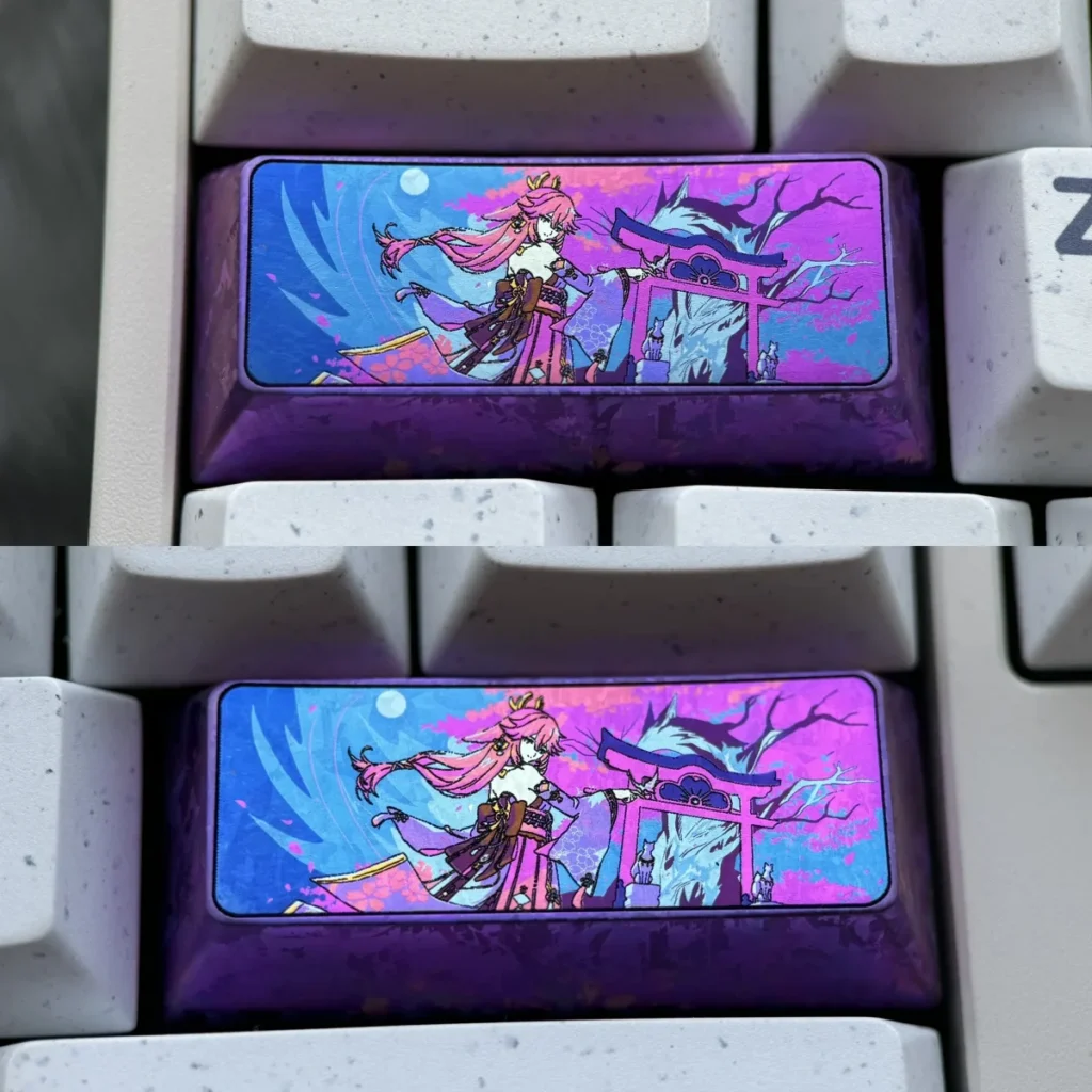 Exquisite Yae Miko Titanium Alloy 2.25U Enter Keycap, showcasing vibrant character art and intricate anime aesthetics on polished metal for Genshin Impact.