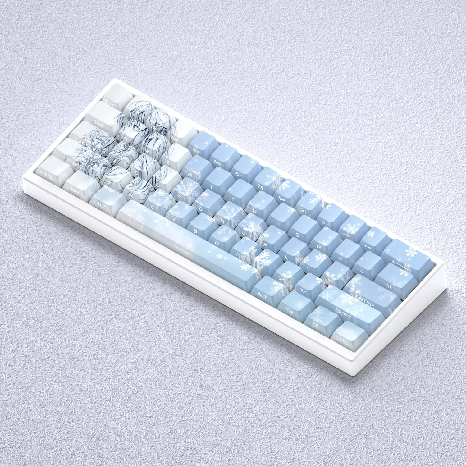 Yukino Keycaps, an elegant side-engraved backlit mechanical keycap set. Multiple views highlight its clean, minimalist aesthetic and subtle.