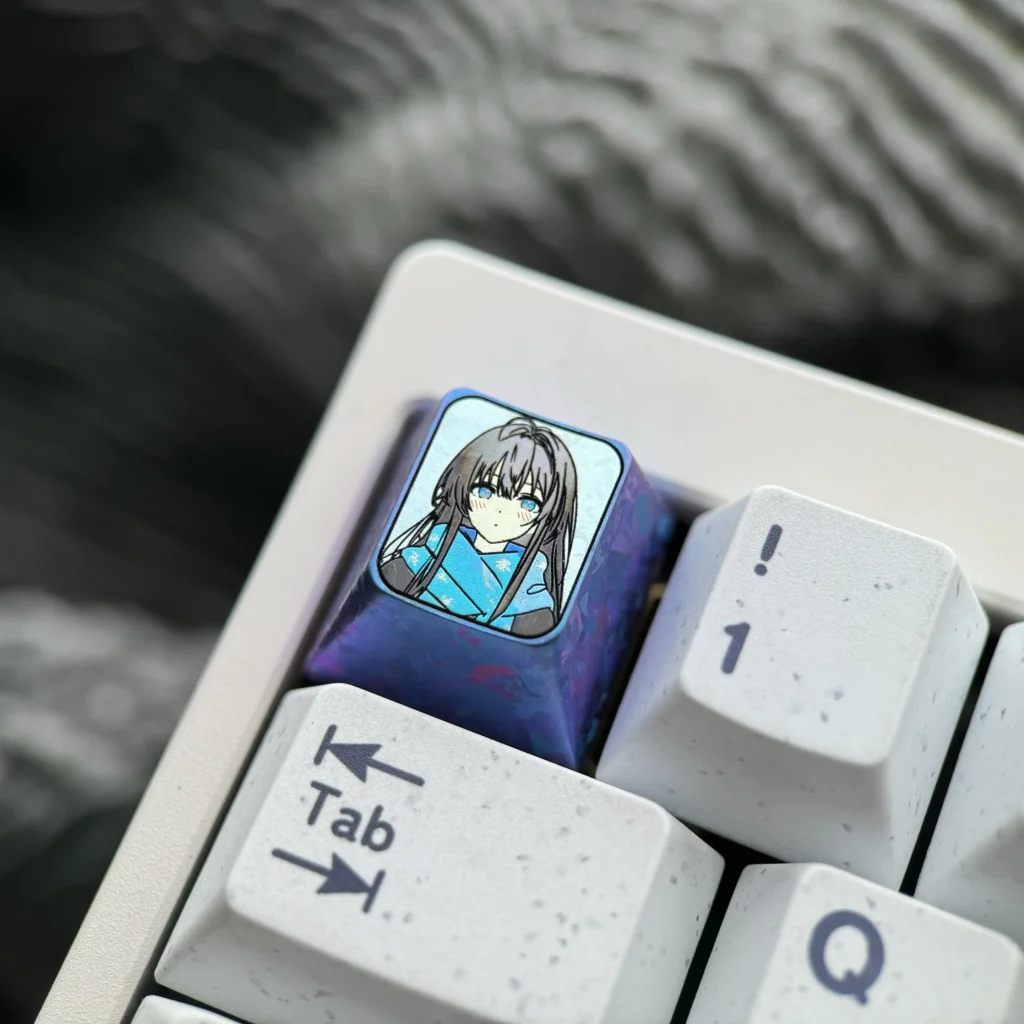 Exclusive Yukino Titanium Anime Keycap showcasing a vibrant, detailed character illustration on polished titanium, perfect custom ESC keyboard art.