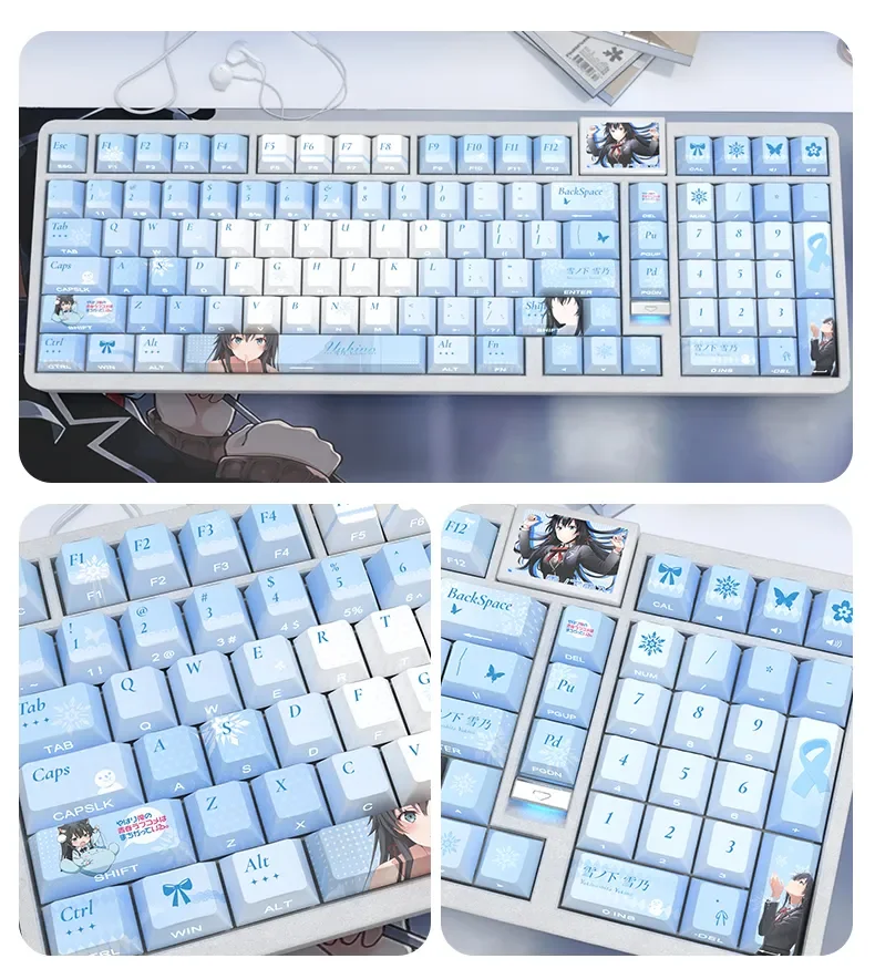 Multiple angles of the exclusive Yukinoshita Yukino PBT side-printed shine-through keycaps set, detailing crisp legends and stunning anime artwork.