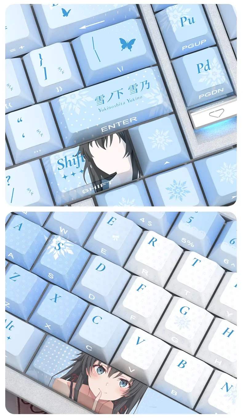 Premium Yukinoshita Yukino PBT keycaps set from various angles, showcasing elegant side-printed anime legends and brilliant shine-through RGB lighting.