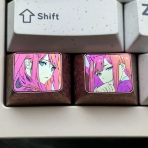 Vibrant Zero Two titanium keycap showcasing iconic anime colors on polished alloy for a durable, sleek custom keyboard accessory.