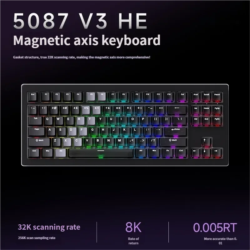 Sleek 5087 V3 magnetic gaming keyboard in two-tone black with translucent details, highlighting ultra-responsive switches for esports dominance.