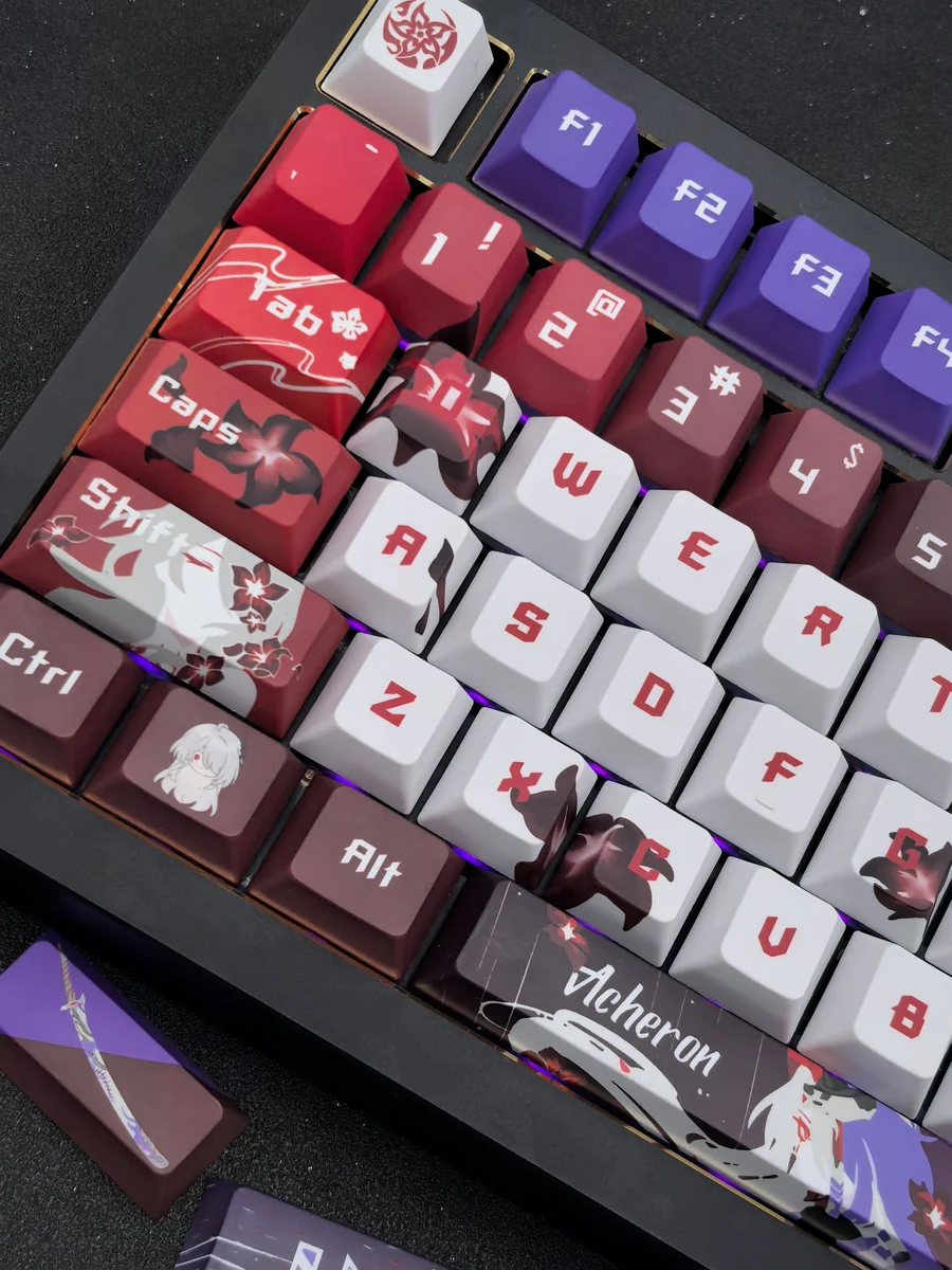 Multiple angles of the exclusive Acheron Keycaps Set Honkai Star Rail Cherry Profile set, highlighting its dark elegance and sci-fi mystique.