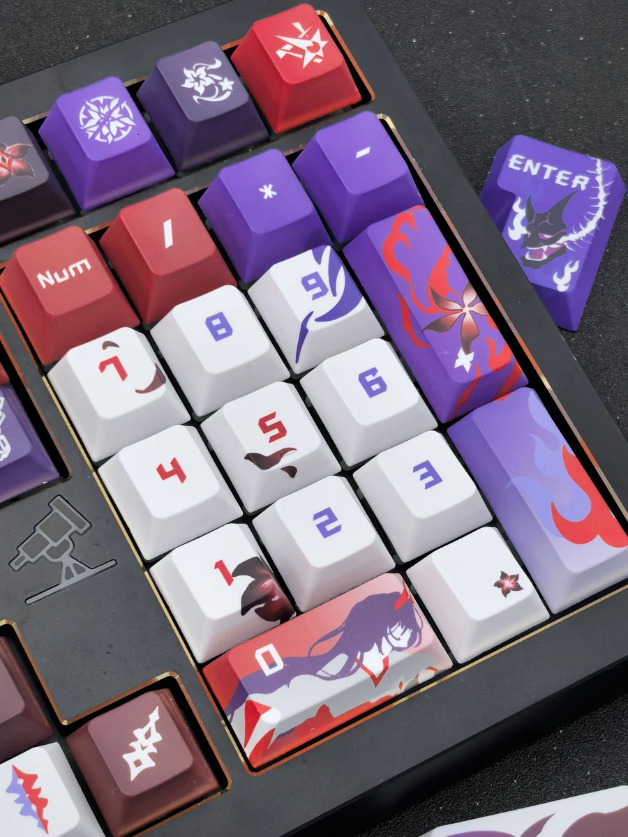 Exclusive Acheron Keycaps set for Honkai Star Rail, meticulously crafted with dark elegance and sci-fi mystique, captured from a dynamic side angle.
