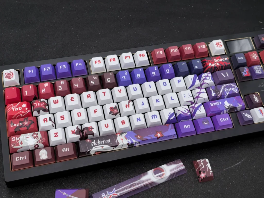 Premium Acheron Keycaps set for Honkai Star Rail fans, showcasing exclusive dark elegance and sci-fi mystique. Cherry profile set.