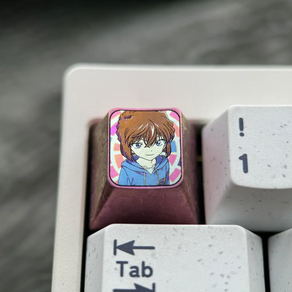 Vibrant Ai Haibara anime illustration on a premium titanium ESC keycap for mechanical keyboards, showcasing artistic detail and quality.