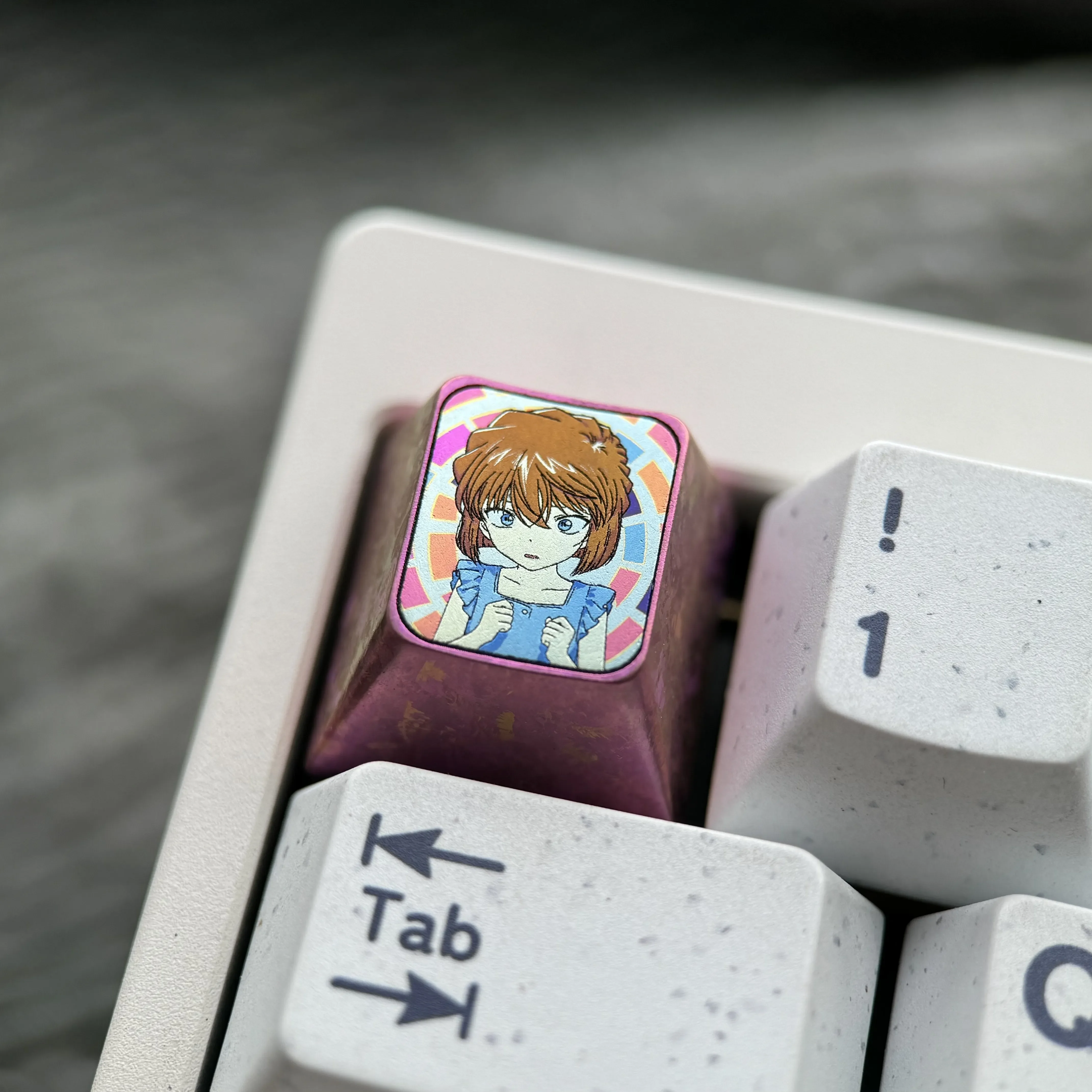 Premium Ai Haibara Titanium ESC Keycap gallery, showing vibrant anime art and metallic texture from various angles for mechanical keyboards.