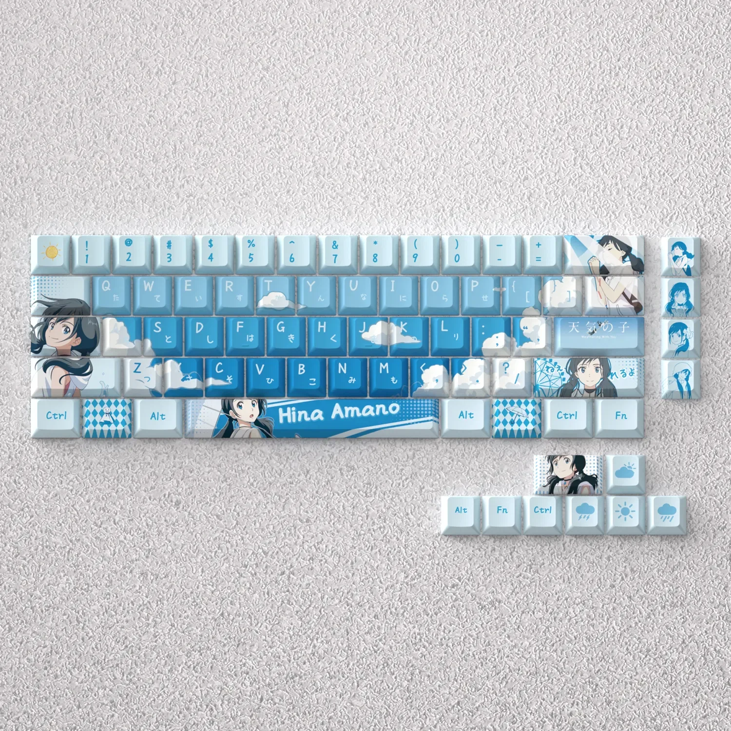 Exclusive Hina Amano Keycap Set, displaying vibrant Weathering With You anime art.