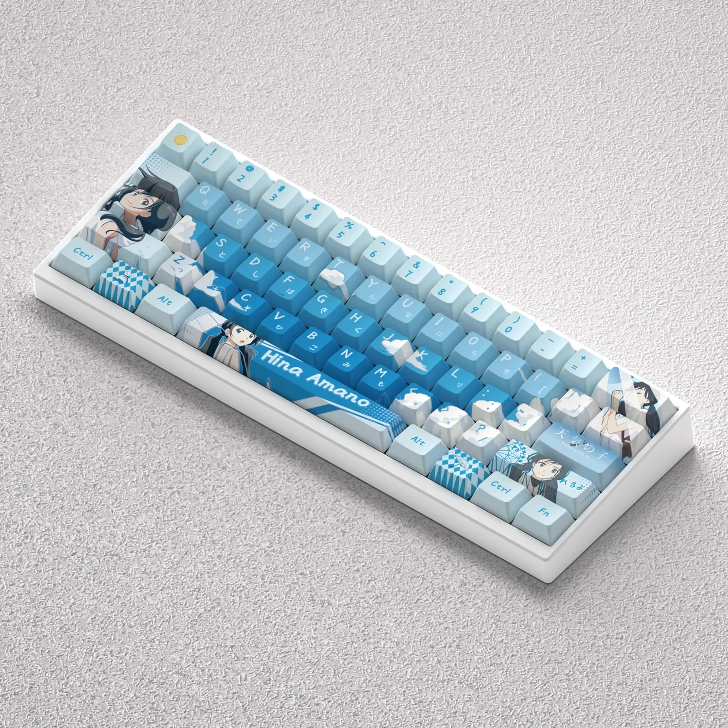 Full gallery view of the exclusive Hina Amano Keycap Set, showcasing vibrant Weathering With You anime designs from various angles.