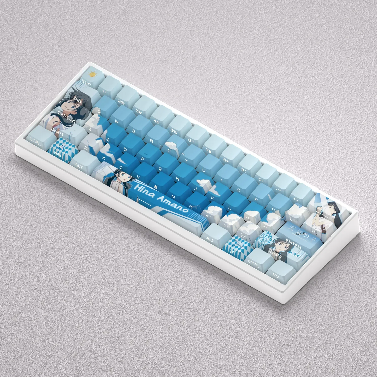 Experience the exclusive Hina Amano Keycap Set from Weathering With You, highlighting the vibrant dye-sub PBT mechanical keycap sets artistic details.