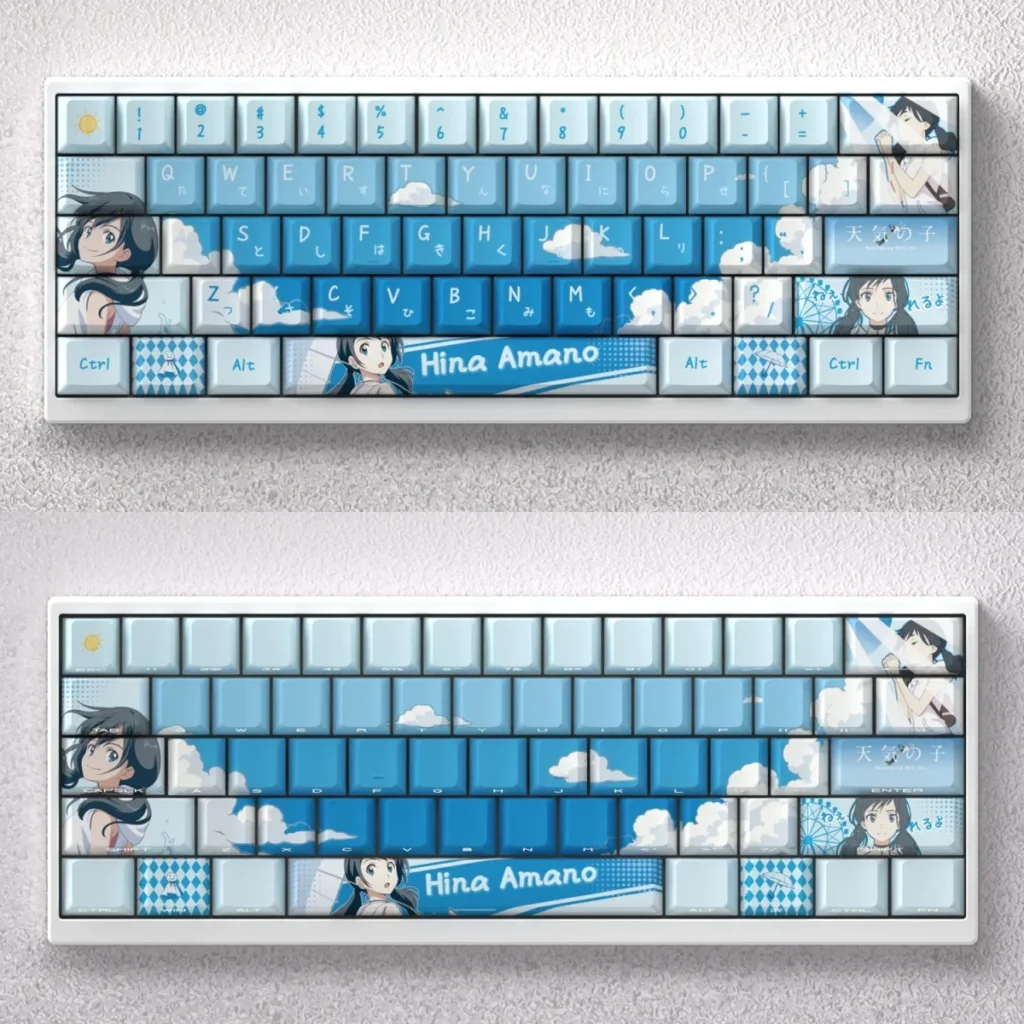 Exclusive Hina Amano Dye-Sub PBT mechanical keycap set, artfully displayed to showcase its vibrant Weathering With You anime aesthetic.